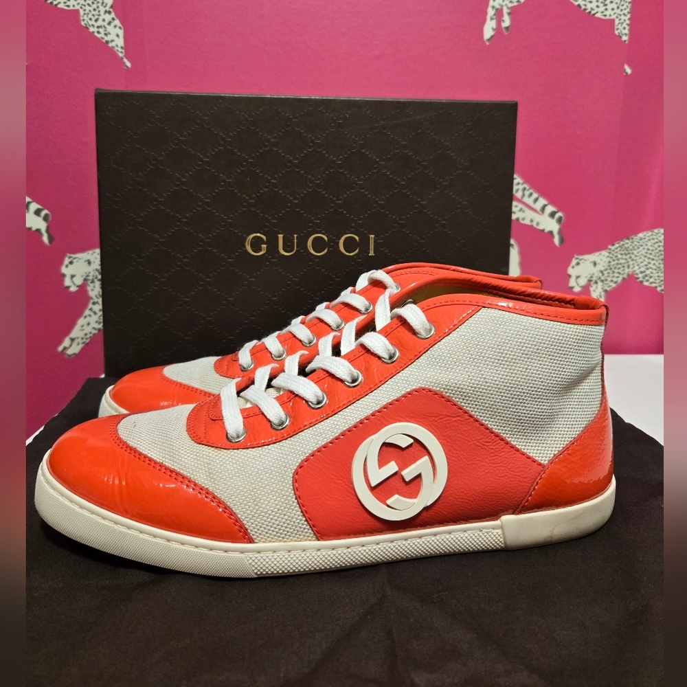 EUC Gucci Sylvie Web Accent Patent Leather High Top Sneakers IT 38.5 US 8.5 - Picture 3 of 14